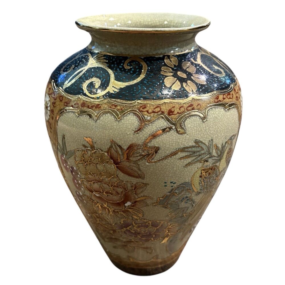 Vintage Royal Satsuma Vase Hand Painted Japan Crackle Glaze Gold Trim 10.5”